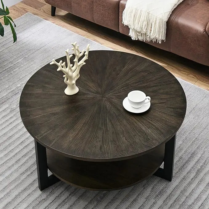 MODERION Round Coffee Table with Storage Shelf, Farmhouse Living Room Cocktail Table with Black Metal Legs, Circular Solid Wood Center Tea/ Sofa Table, 35.3''Dx17.8''H, Brushed Black KFZ1338BK - LeafyLoom
