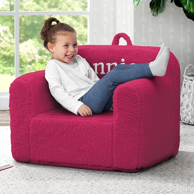 Delta Children Personalized Sherpa Cozee Chair - Customize with Name – Foam Kids Chair for Ages 18 Months and Up, Hot Pink - LeafyLoom