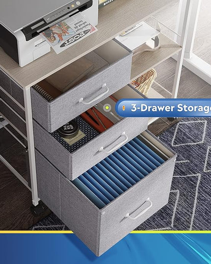 DEVAISE 3 Drawer Mobile File Cabinet, Rolling Printer Stand with Open Storage Shelf, Fabric Lateral Filing Cabinet fits A4 or Letter Size for Home Office, Light Grey - LeafyLoom