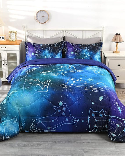 Wowelife Galaxy Bedding Set Full Size 5 Pieces Galaxy Space Comforter Set Blue 3D Galaxy Kids Comforter Sets Lightweight with Comforter, Flat Sheet, Fitted Sheet and 2 Pillowcases - LeafyLoom