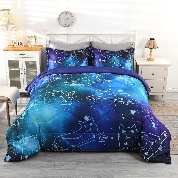 Wowelife Galaxy Bedding Set Full Size 5 Pieces Galaxy Space Comforter Set Blue 3D Galaxy Kids Comforter Sets Lightweight with Comforter, Flat Sheet, Fitted Sheet and 2 Pillowcases - LeafyLoom