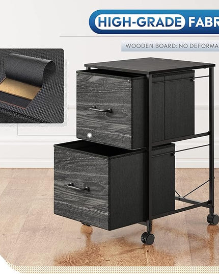 DEVAISE 2 Drawer Mobile File Cabinet, Rolling Printer Stand, Fabric Vertical Filing Cabinet fits A4 or Letter Size for Home Office, Charcoal Black Wood Grain Print - LeafyLoom
