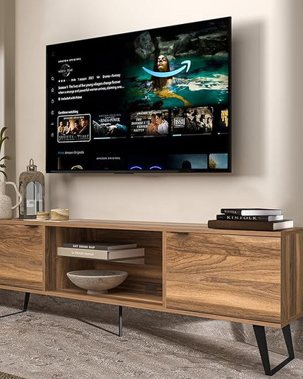 Atelier Mobili Mid Century Modern TV Stand Farmhouse TV Stand Entertainment Center for Living Room | Walnut TV Stand with Glass Shelf | Fits 80 Inch TV | Soft Closing Hinges | Storage for Bedroom - LeafyLoom