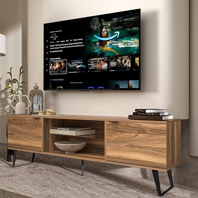 Atelier Mobili Mid Century Modern TV Stand Farmhouse TV Stand Entertainment Center for Living Room | Walnut TV Stand with Glass Shelf | Fits 80 Inch TV | Soft Closing Hinges | Storage for Bedroom - LeafyLoom
