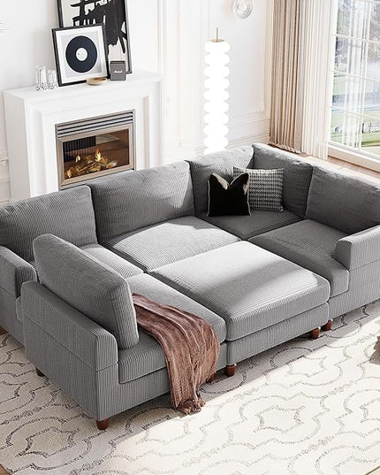 6 Seater Oversized Modular Sectional Sofa Convertible Sleeper Couch Bed with Movable Ottomans and Solid Wood Legs, Free Combination Corduroy Upholstered Lounge Sofabed for Living Room Office - LeafyLoom