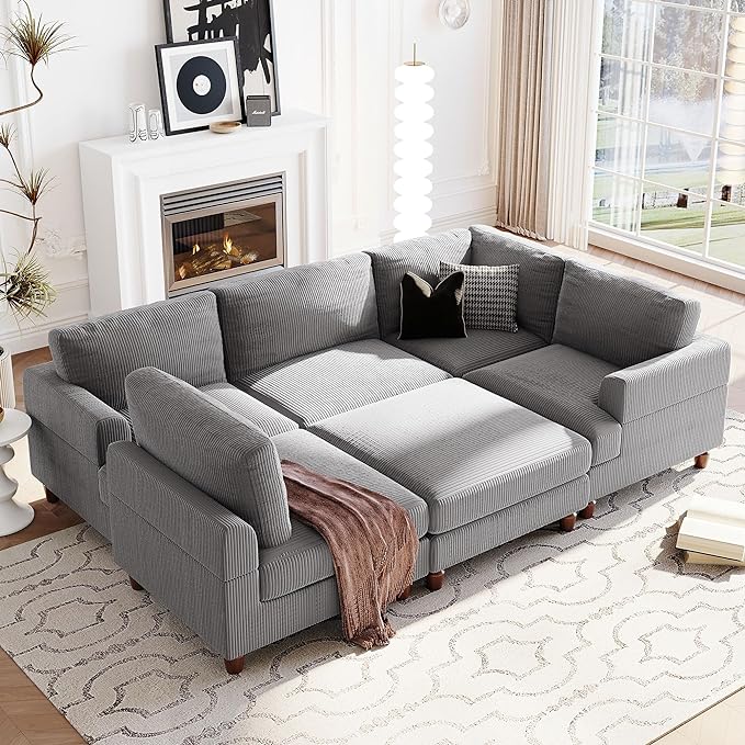 6 Seater Oversized Modular Sectional Sofa Convertible Sleeper Couch Bed with Movable Ottomans and Solid Wood Legs, Free Combination Corduroy Upholstered Lounge Sofabed for Living Room Office - LeafyLoom