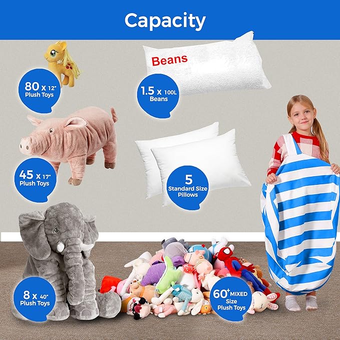 Aubliss Stuffed Animal Bean Bag Storage Chair (Blue/White Striped, Medium (32'')) - LeafyLoom