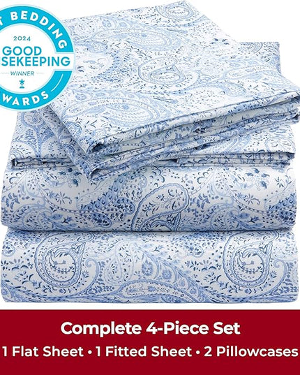 Mellanni Queen Sheets Set - 4 PC Iconic Collection Bedding Sheets & Pillowcases - Hotel Luxury, Extra Soft, Cooling Bed Sheets - Deep Pocket up to 16 inch (Queen, Paisley Blue) - LeafyLoom