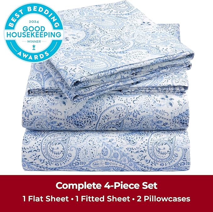 Mellanni Full Sheets Set - 4 PC Iconic Collection Bedding Sheets & Pillowcases - Hotel Luxury, Extra Soft, Cooling Bed Sheets - Deep Pocket up to 16 inch (Full, Paisley Blue) - LeafyLoom