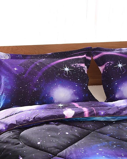 Wowelife Galaxy Comforter Set Full 5 Pieces Galaxy Bedding Set Blue 3D Galaxy Kids Bedding Set Bed in a Bag for Boys and Girls with Comforter, Flat Sheet, Fitted Sheet and 2 Pillowcases - LeafyLoom