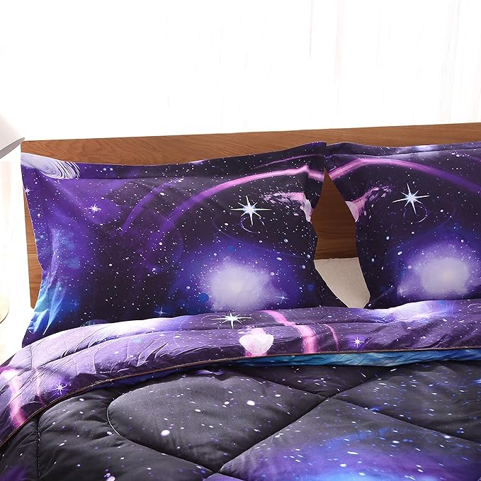 Wowelife Galaxy Comforter Set Full 5 Pieces Galaxy Bedding Set Blue 3D Galaxy Kids Bedding Set Bed in a Bag for Boys and Girls with Comforter, Flat Sheet, Fitted Sheet and 2 Pillowcases - LeafyLoom