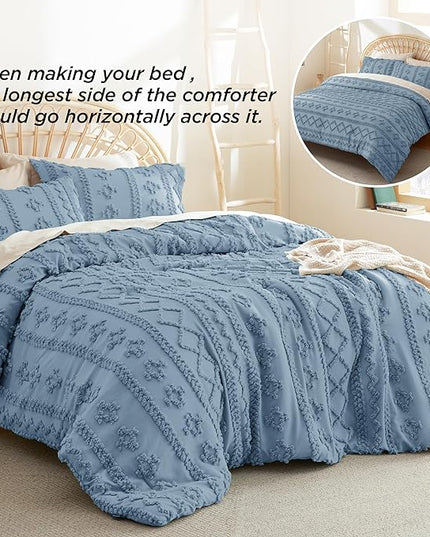 Bedsure Tufted Boho Comforter Set King - Grayish Blue Boho Bedding Comforter Set, 3 Pieces Farmhouse Shabby Chic Embroidery Bed Set, Soft Jacquard Comforter for All Seasons - LeafyLoom