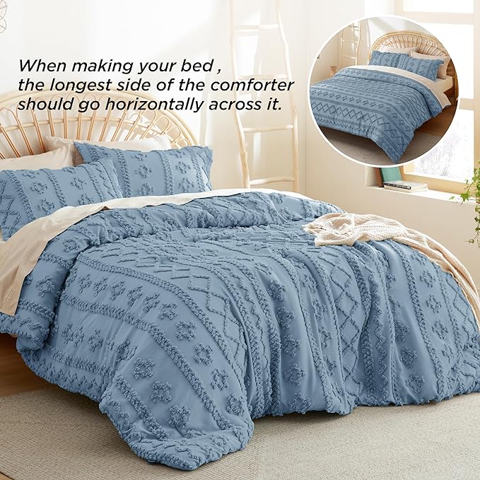 Bedsure Tufted Boho Comforter Set King - Grayish Blue Boho Bedding Comforter Set, 3 Pieces Farmhouse Shabby Chic Embroidery Bed Set, Soft Jacquard Comforter for All Seasons - LeafyLoom