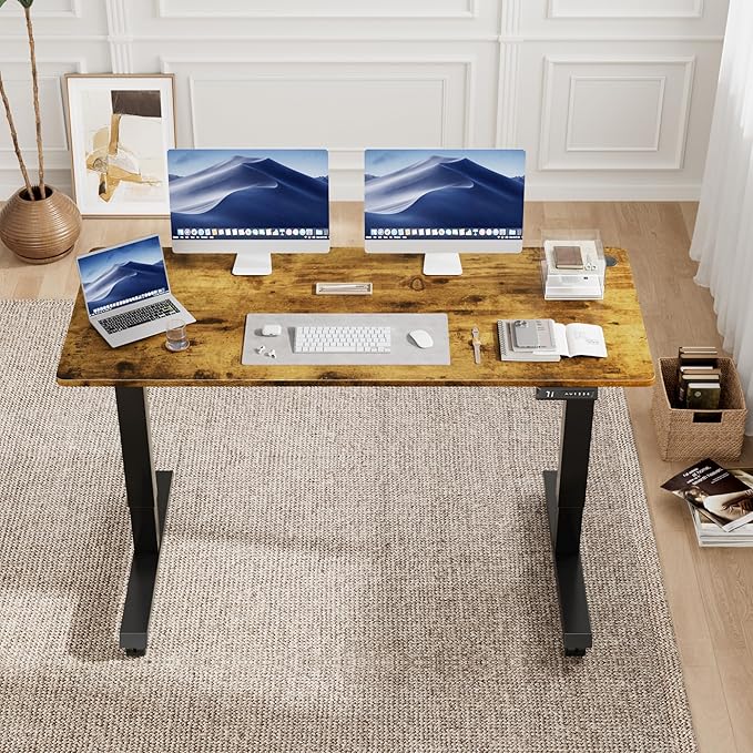 Electric Standing Desk 55 Inch, Ergonomic Height Adjustable Table with T-Shaped Metal Bracket Modern Computer Workstations for Home Office, 55 x 24 Inch, Rustic Brown - LeafyLoom