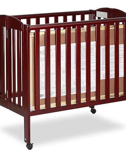 Dream On Me 3 in 1 Portable Folding Stationary Side Crib in Cherry, Greenguard Gold Certified, Safety Wheel with Locking Casters, Convertible, 3 Mattress Heights - LeafyLoom