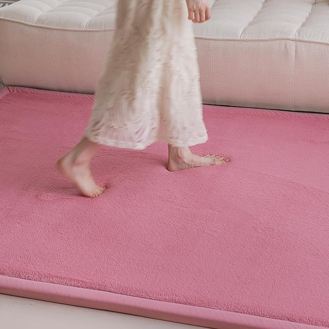 Faux Rabbit Fur Rug - 1.18" Thick Soft Fluffy Area Rug, Non-Slip Memory Foam Crawling Mat, Light Pink, 78"x110" - LeafyLoom
