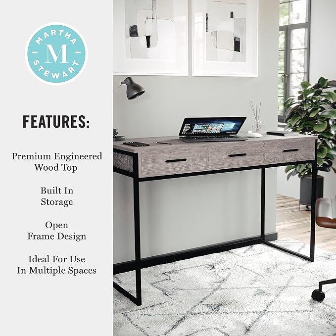 Martha Stewart Ollie Home Office Desk with 3 Drawers in Gray Wood Grain with Oil Rubbed Bronze Hardware - LeafyLoom