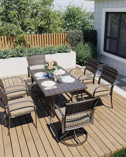 Pamapic 7 Piece Outdoor Dining Set, Rattan Outdoor Patio Furniture Set for Backyard with Iron Outdoor Dining Table, 4 Swivel Deck Chairs, 2 Wicker Chairs and Removable Cushions (Beige) - LeafyLoom