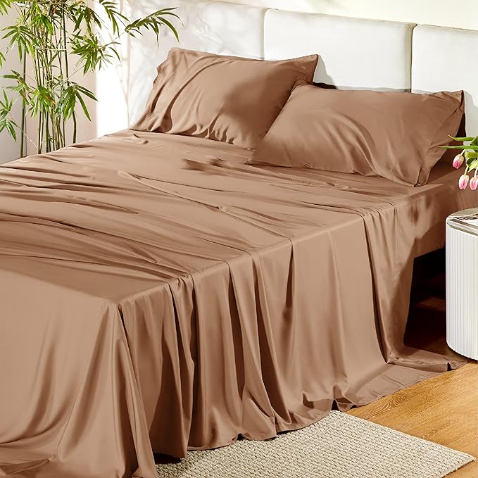 Bedsure King Size Sheet Set, Cooling Sheets King, Rayon Derived from Bamboo, Deep Pocket Up to 16", Breathable & Soft Bed Sheets, Hotel Luxury Silky Bedding Sheets & Pillowcases, Taupe - LeafyLoom