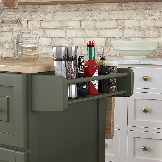 Homestyles Mobile Kitchen Island Cart with Wood Top and Dropleaf Breakfast Bar, 18" D x 53.5" W x 36" H, Green - LeafyLoom