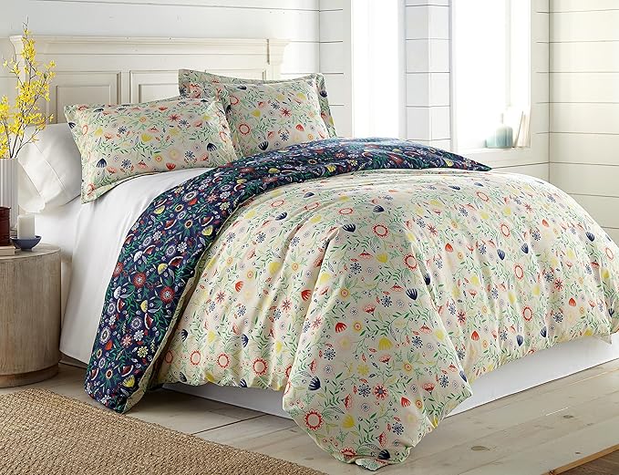 Southshore Fine Living, Inc. Oversized King Comforter Bedding Set, Down Alternative Boho Bedspread, Reversible Print is 2 Colors in 1, King/Cal King Comforter & Matching Shams, Blue & Cream - LeafyLoom