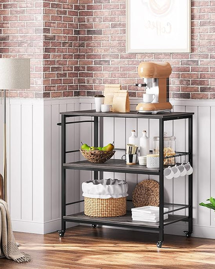 HOOBRO Kitchen Island with Storage,Industrial Kitchen Island on Wheels and Side Enclosures, 3 Tier Kitchen Cart with Large Workstation, Stable, Easy Assembly, Charcoal Gray and Black BC03ZD01 - LeafyLoom
