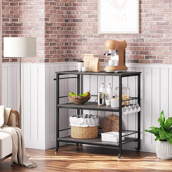 HOOBRO Kitchen Island with Storage,Industrial Kitchen Island on Wheels and Side Enclosures, 3 Tier Kitchen Cart with Large Workstation, Stable, Easy Assembly, Charcoal Gray and Black BC03ZD01 - LeafyLoom
