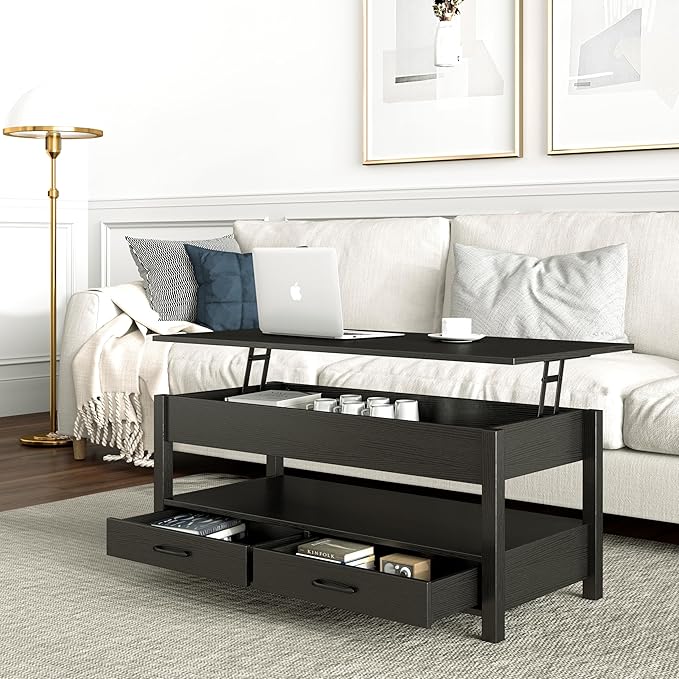 Panana Coffee Table, Lift Top Coffee Table with Hidden Compartment, 2 Drawers and 1 Open Shelf, Retro Central Wooden Table Lift Tabletop for Living Room (Black) - LeafyLoom