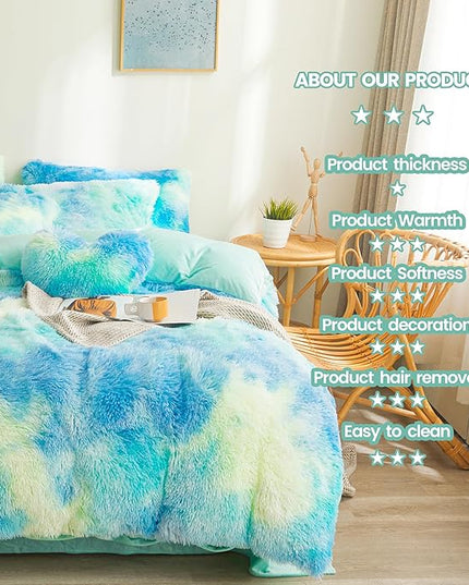 Tie dye Plush Fluffy Comforter Cover Set Queen - Ultra Soft Faux Fur tie dye Bedding Sets 3 Pieces (1 Shaggy Duvet Cover + 2 Pillow case) Fluffy Bed Set (Tie Dye Mint, Queen) - LeafyLoom