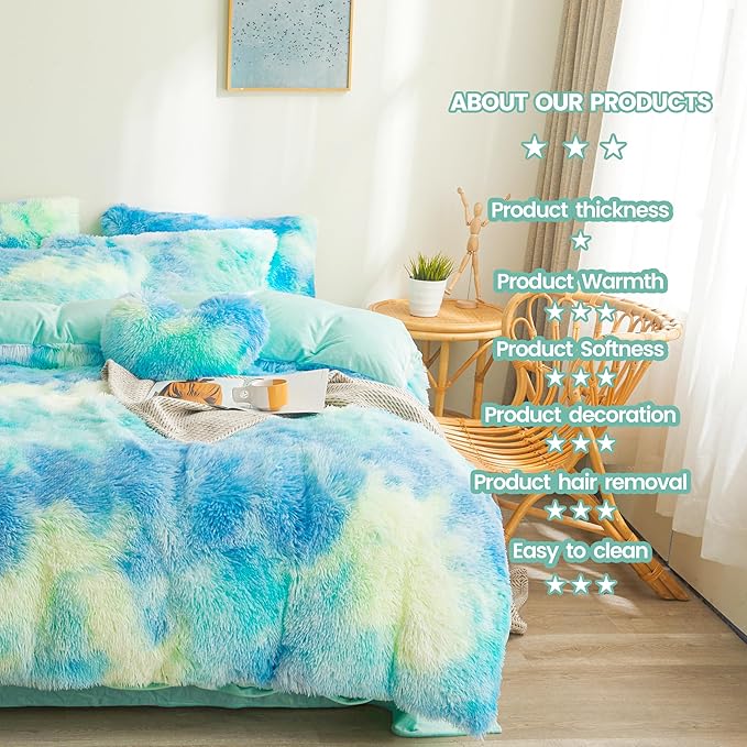 Tie dye Plush Fluffy Comforter Cover Set Queen - Ultra Soft Faux Fur tie dye Bedding Sets 3 Pieces (1 Shaggy Duvet Cover + 2 Pillow case) Fluffy Bed Set (Tie Dye Mint, Queen) - LeafyLoom