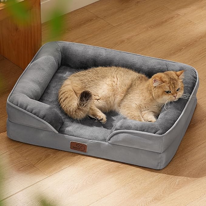 Bedsure Cat Beds for Indoor Cats - Washable Bolster Dog Sofa Beds for Extra Small Dogs, Supportive Foam Pet Couch Bed with Removable Washable Cover, Waterproof Lining and Nonskid Bottom, Grey BEDSURE