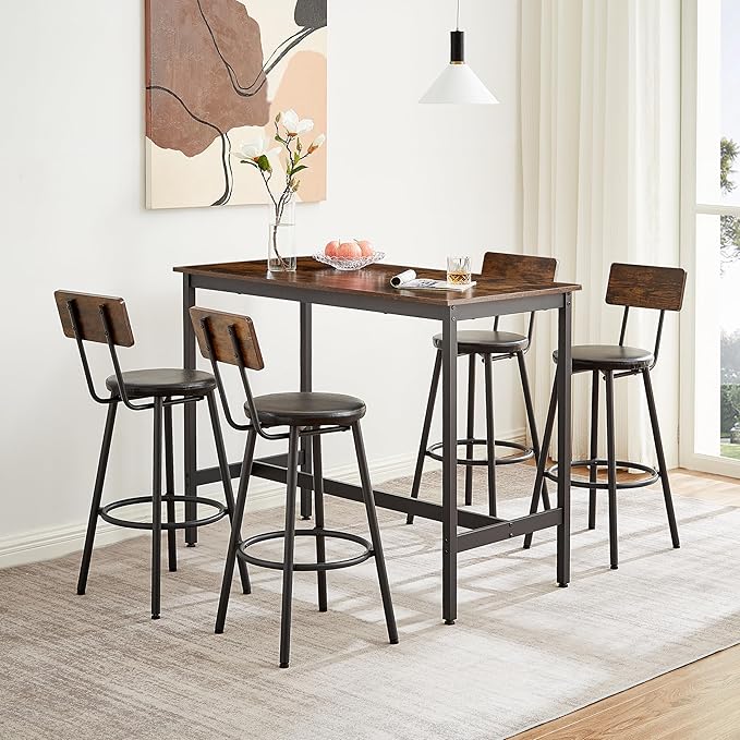 NicBex Dining Room Table Set for 4 Breakfast Nook Table Set Pub High Dining Table 5 Piece Set with 4 Pu Leather Bar Chairs for Kitchen Dining Room, Industrial Style, Rustic Brown - LeafyLoom