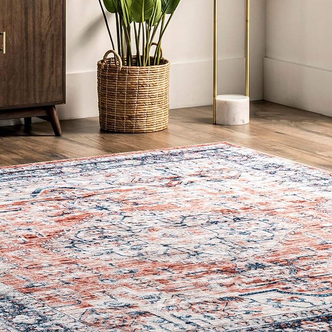 nuLOOM Rina Faded Persian Machine Washable Ultra Thin Area Rug, 5' x 8', Rust - LeafyLoom