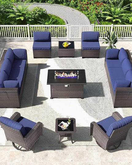 Kullavik 13PCS Outdoor Patio Furniture Set,PE Wicker Rattan Sectional Sofa Patio Conversation Sets with 43" 55000BTU Gas Propane Fire Pit Table,Swivel Rocking Chairs Set,Navy Blue - LeafyLoom