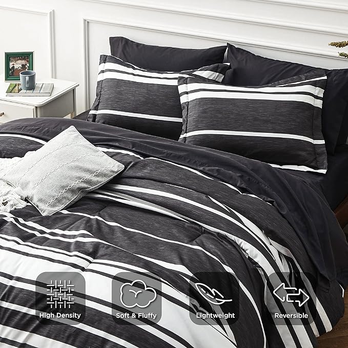 Bedsure Bed in a Bag California King Size 7 Pieces, Black White Striped Bedding Comforter Sets All Season Bed Set, 2 Pillow Shams, Flat Sheet, Fitted Sheet and 2 Pillowcases - LeafyLoom