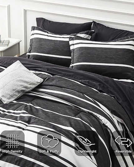 Bedsure Bed in a Bag King Size 7 Pieces, Black White Striped Bedding Comforter Sets All Season Bed Set, 2 Pillow Shams, Flat Sheet, Fitted Sheet and 2 Pillowcases - LeafyLoom