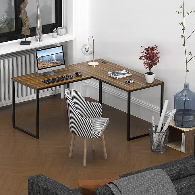 SHW Home Office 55-Inch Large L Shaped Corner Desk, 24" Deep, Walnut - LeafyLoom