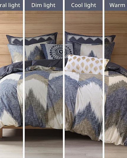 INK+IVY Queen Size Comforter Set, Cozy Cotton Comforter, All Season, Lightweight Comforter Queen Bed Set with 2 Matching Shams, Modern Cabin Lodge Ikat Chevron Design, Navy Full/Queen 3 Piece - LeafyLoom