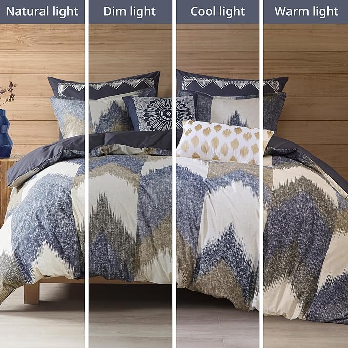 INK+IVY Queen Size Comforter Set, Cozy Cotton Comforter, All Season, Lightweight Comforter Queen Bed Set with 2 Matching Shams, Modern Cabin Lodge Ikat Chevron Design, Navy Full/Queen 3 Piece - LeafyLoom