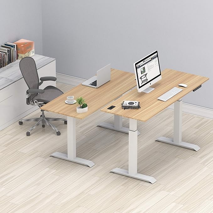 SHW Electric Height Adjustable Standing Desk with Hanging Hooks and Cable Management, 48 x 24 Inches, Oak - LeafyLoom