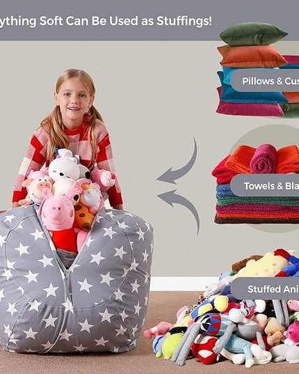 Aubliss Stuffed Animal Bean Bag Storage Chair, Beanbag Covers Only for Organizing Plush Toys, Turns into Bean Bag Seat for Kids When Filled, Medium 32"-Canvas Stars Grey - LeafyLoom