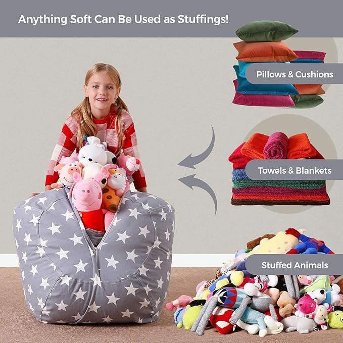Aubliss Stuffed Animal Bean Bag Storage Chair, Beanbag Covers Only for Organizing Plush Toys, Turns into Bean Bag Seat for Kids When Filled, Medium 32"-Canvas Stars Grey - LeafyLoom