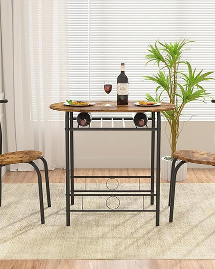 VECELO 3-Piece Dining Table Set for Kitchen Breakfast Nook, Wood Grain Oval Tabletop and Metal Frame with Built-in Wine Rack, for Small Spaces, 31.5", Antique & Black - LeafyLoom