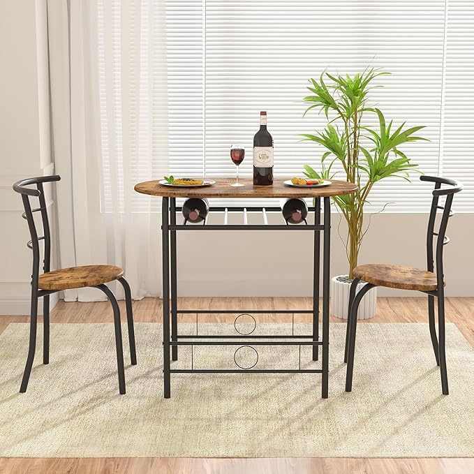 VECELO 3-Piece Dining Table Set for Kitchen Breakfast Nook, Wood Grain Oval Tabletop and Metal Frame with Built-in Wine Rack, for Small Spaces, 31.5", Antique & Black - LeafyLoom