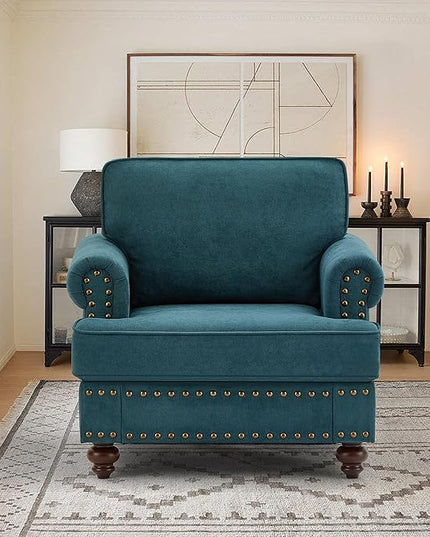 Upholstered Single Sofa Chair with Metal Legs, Modern Armchairs with Nailhead Trim for Living Room,Bedroom and Office, Lake Green, 60.83" W - LeafyLoom
