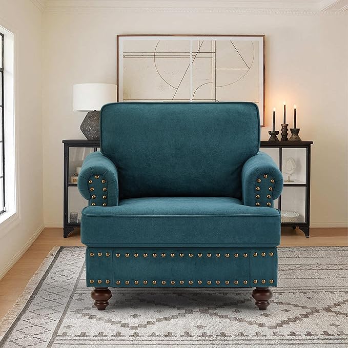 Upholstered Single Sofa Chair with Metal Legs, Modern Armchairs with Nailhead Trim for Living Room,Bedroom and Office, Lake Green, 60.83" W - LeafyLoom
