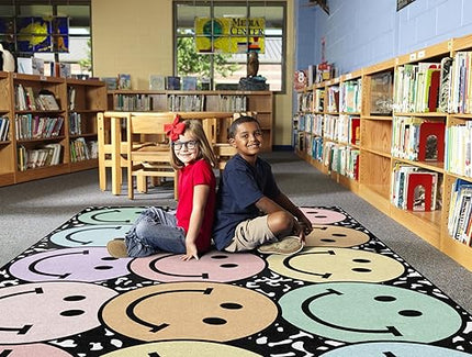 Flagship Carpets Schoolgirl Style Pastel Rainbow Smileys on Notebook Educational Area Rug for Kids Room Seating Décor, Children's Classroom, Play Carpet for Teaching and Playroom, 7'6" x 12', Multi - LeafyLoom