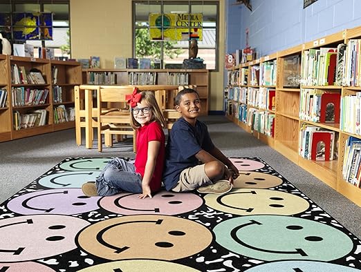 Flagship Carpets Schoolgirl Style Pastel Rainbow Smileys on Notebook Educational Area Rug for Kids Room Seating Décor, Children's Classroom, Play Carpet for Teaching and Playroom, 7'6" x 12', Multi - LeafyLoom