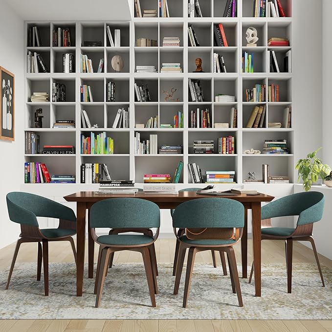 SIMPLIHOME Lowell Mid Century Modern Bentwood Dining Chair in Light Turquoise Blue Linen Look Fabric, For the Dining Room - LeafyLoom