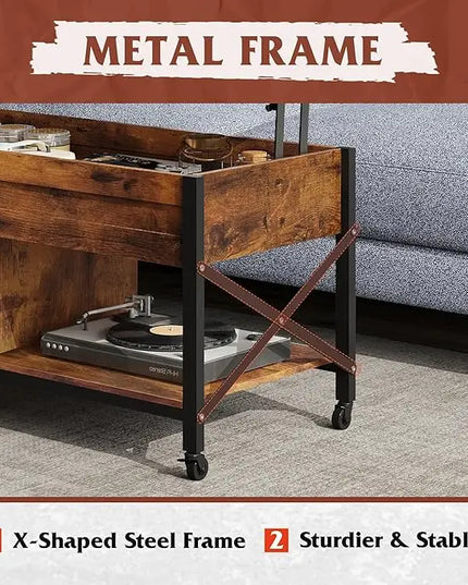 WLIVE Coffee Table, Lift Top Coffee Table with Hidden Compartment, 4 in 1 Multi-Function Coffee Tables with 4 Wheels for Living Room, Mid-Century Lift Tabletop Dining Table, Rustic Brown - LeafyLoom